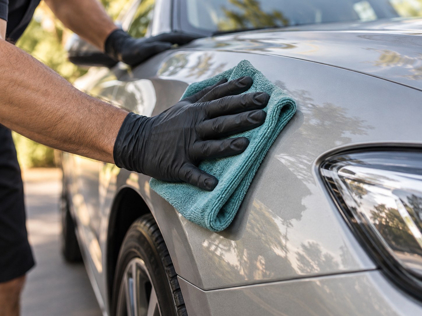 A detailer's gloved hands wiping a gray car with a teal microfiber cloth; illustrative image.