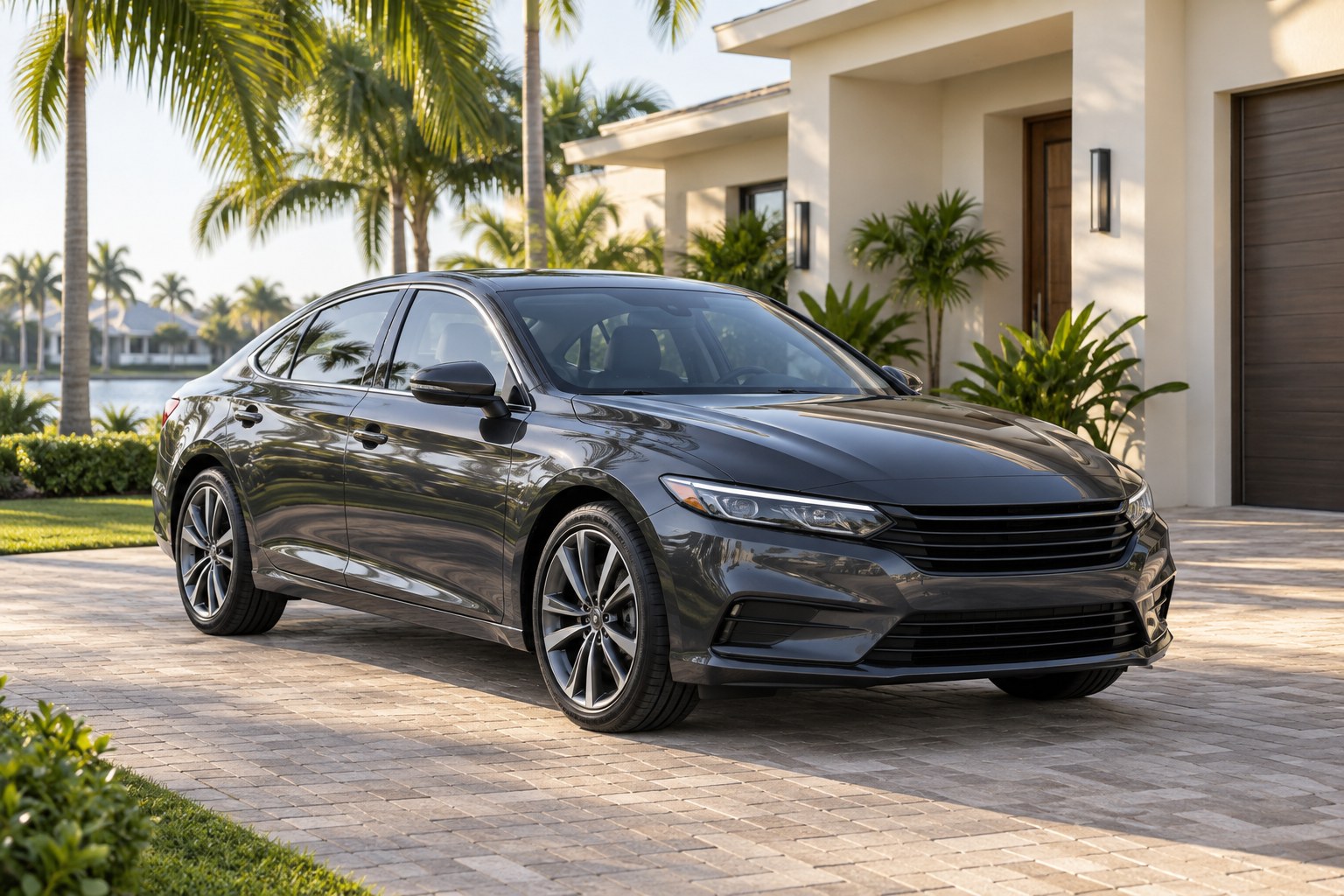 Clean graphite sedan in a sunlit driveway with palms and a modern home; illustrative image.