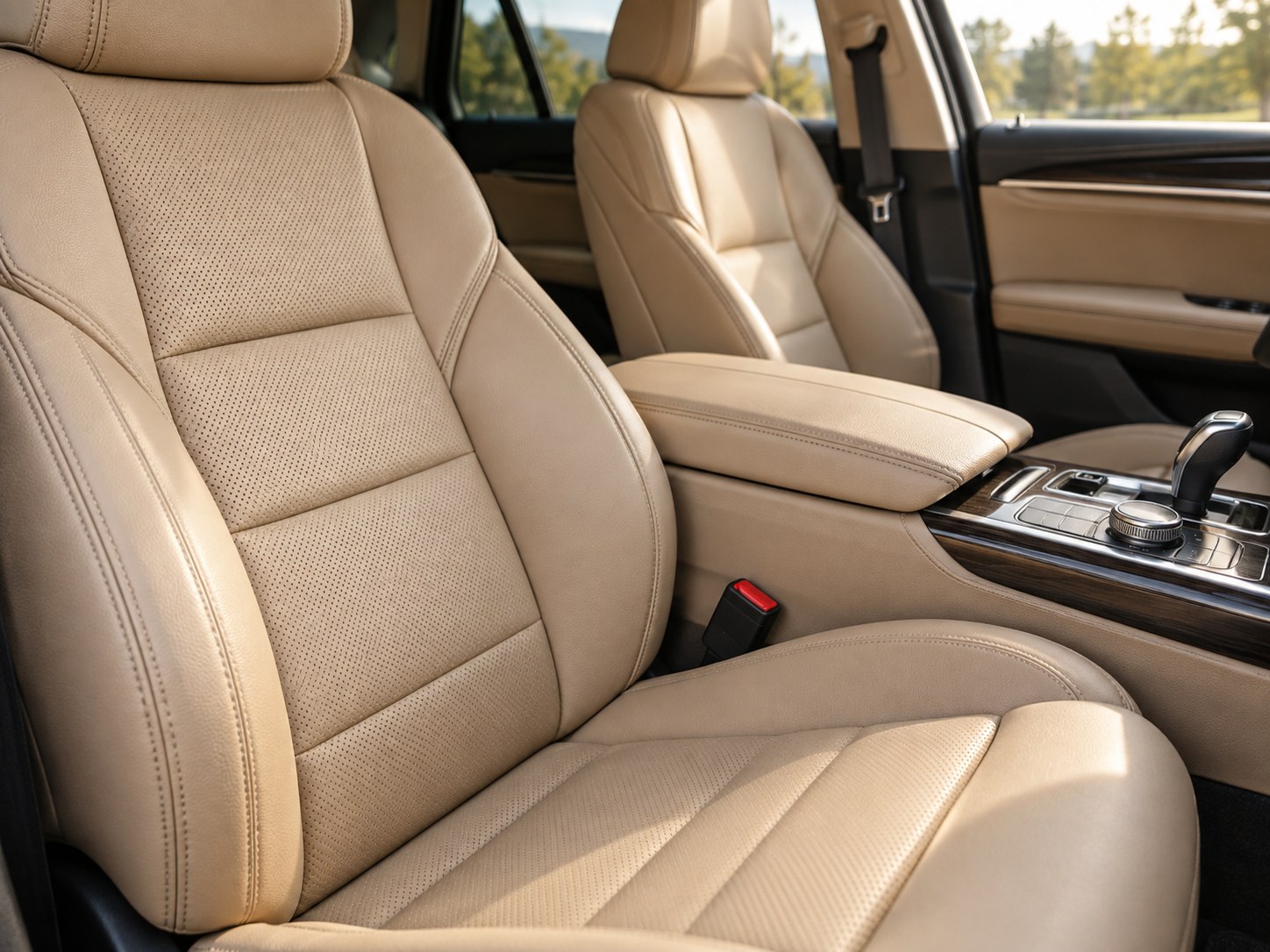 Neatly finished tan leather seats and center console in an illustrative car interior.
